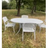 GARDEN SET, painted cast aluminium, rounded rectangular table with four armchairs, table 180cm x