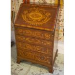 BUREAU, 20th century Sheraton style mahogany and marquetry with fitted interior above four