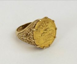 DRESS RING, Edward VII 22ct gold 1910 Half Sovereign, the shank in yellow metal, size L, total gross