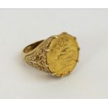 DRESS RING, Edward VII 22ct gold 1910 Half Sovereign, the shank in yellow metal, size L, total gross