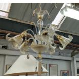 MURANO CHANDELIER, vintage Sylcom Venetian style, gold finish with crystal drops, five branch