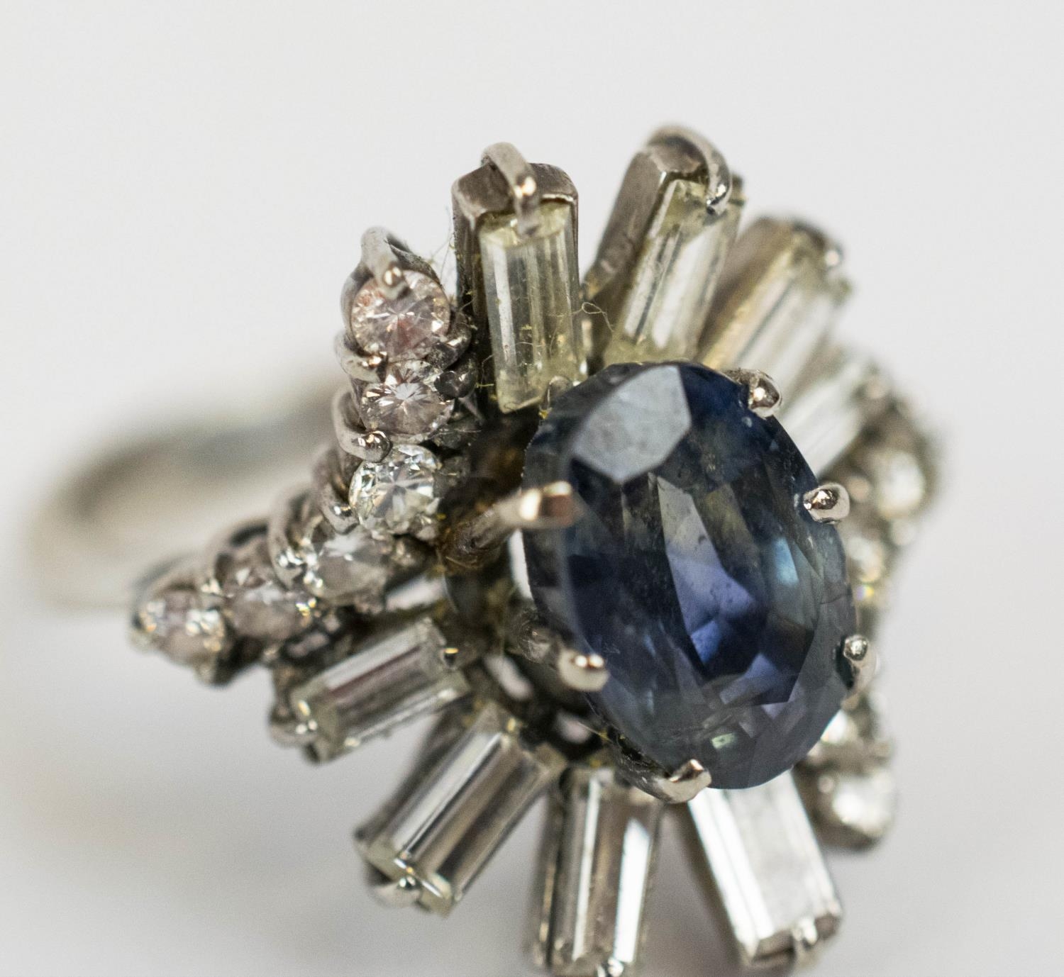 DRESS RING, 18ct white gold diamond and blue stone, the single oval cut blue stone possibly a - Image 7 of 8