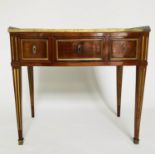 SIDE TABLE, early 19th century French mahogany and gilt metal mounted with three frieze drawers
