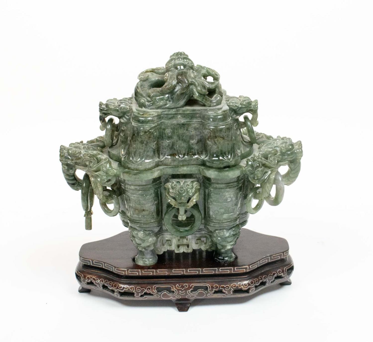 SPINACH JADE CHINESE KORO AND COVER, 20th century, the dragon head handles with loose rings, on