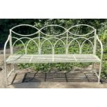 ARCHITECTURAL GARDEN BENCH, Regency style, white painted metal, 100cm x 165cm x 43cm.