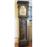 LONGCASE CLOCK, 202cm H x 51cm x 25cm, George I black Japanned and gilt decorated with inscription