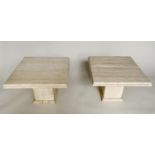 LAMP TABLES, a pair, 1970s travertine marble, each square with stepped plinth, 53cm x 53cm x 40cm H.