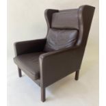 STOUBY ARMCHAIR, 1970's Danish, dark brown grained leather upholstered with three cushions, 74cm W.