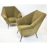 ARMCHAIRS, a pair, 1950s Italian, olive green velvet upholstered with metal legs, 86cm H x 91cm