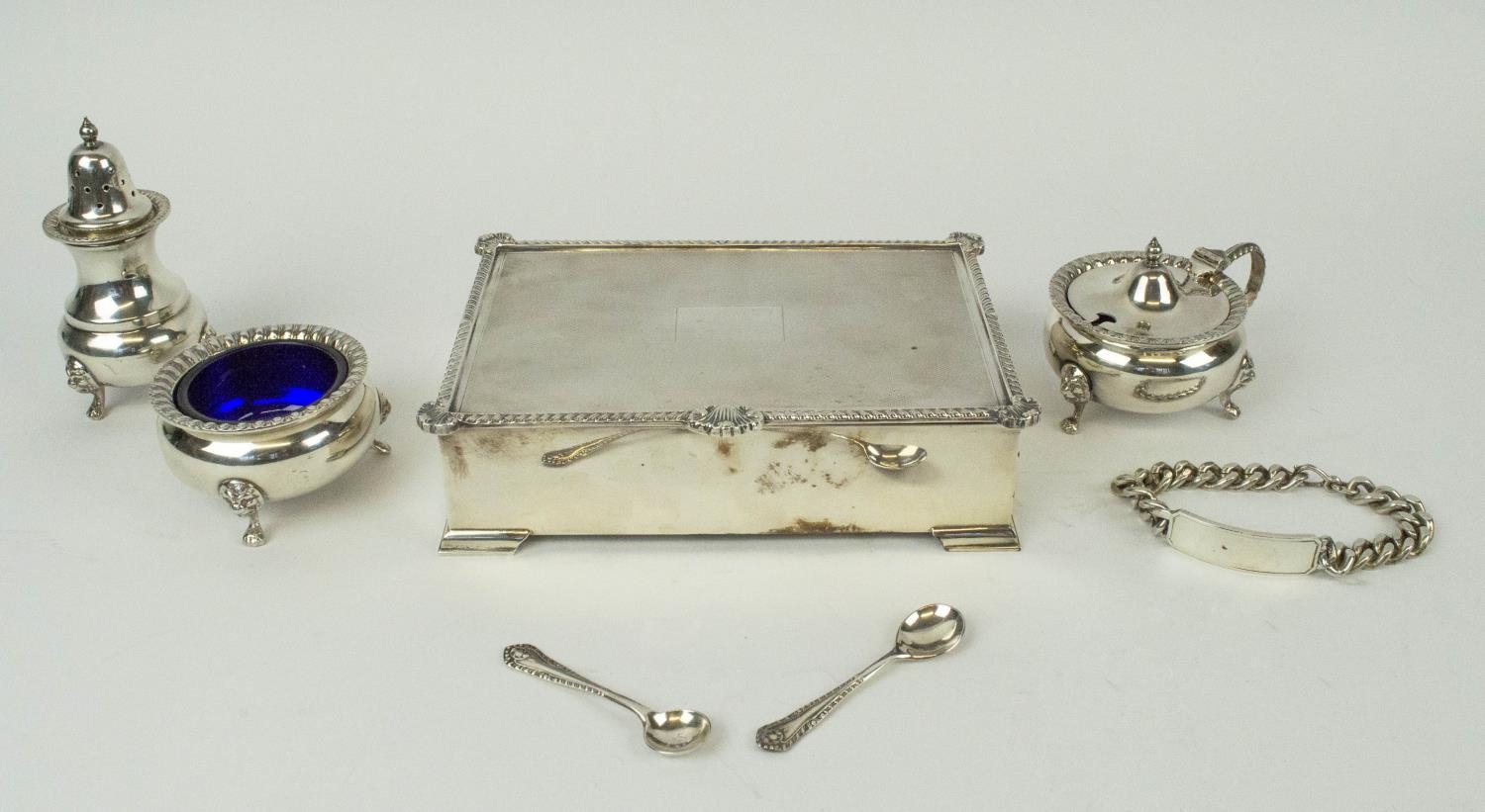 COLLECTION OF SILVERWARE, comprising condiment set including mustard pot, salt cellar and