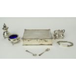 COLLECTION OF SILVERWARE, comprising condiment set including mustard pot, salt cellar and