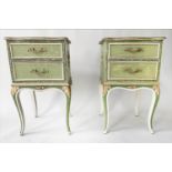 CHESTS, a pair, French Louis XV style green and parcel gilt each with two drawers, 43cm x 40cm x