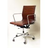 REVOLVING DESK CHAIR, Charles and Ray Eames inspired with ribbed tan brown leather seat revolving