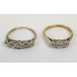 TWO RINGS, comprising a 9ct gold three stone diamond illusion set ring, size N, plus a platinum five