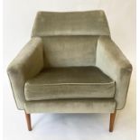 ARMCHAIR, 1960s Danish, mint green velvet upholstered with cushion seat and teak supports, 71cm W.