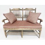HALL SEAT, 19th century English sycamore framed and mesh seated with raspberry check cushions, 117cm