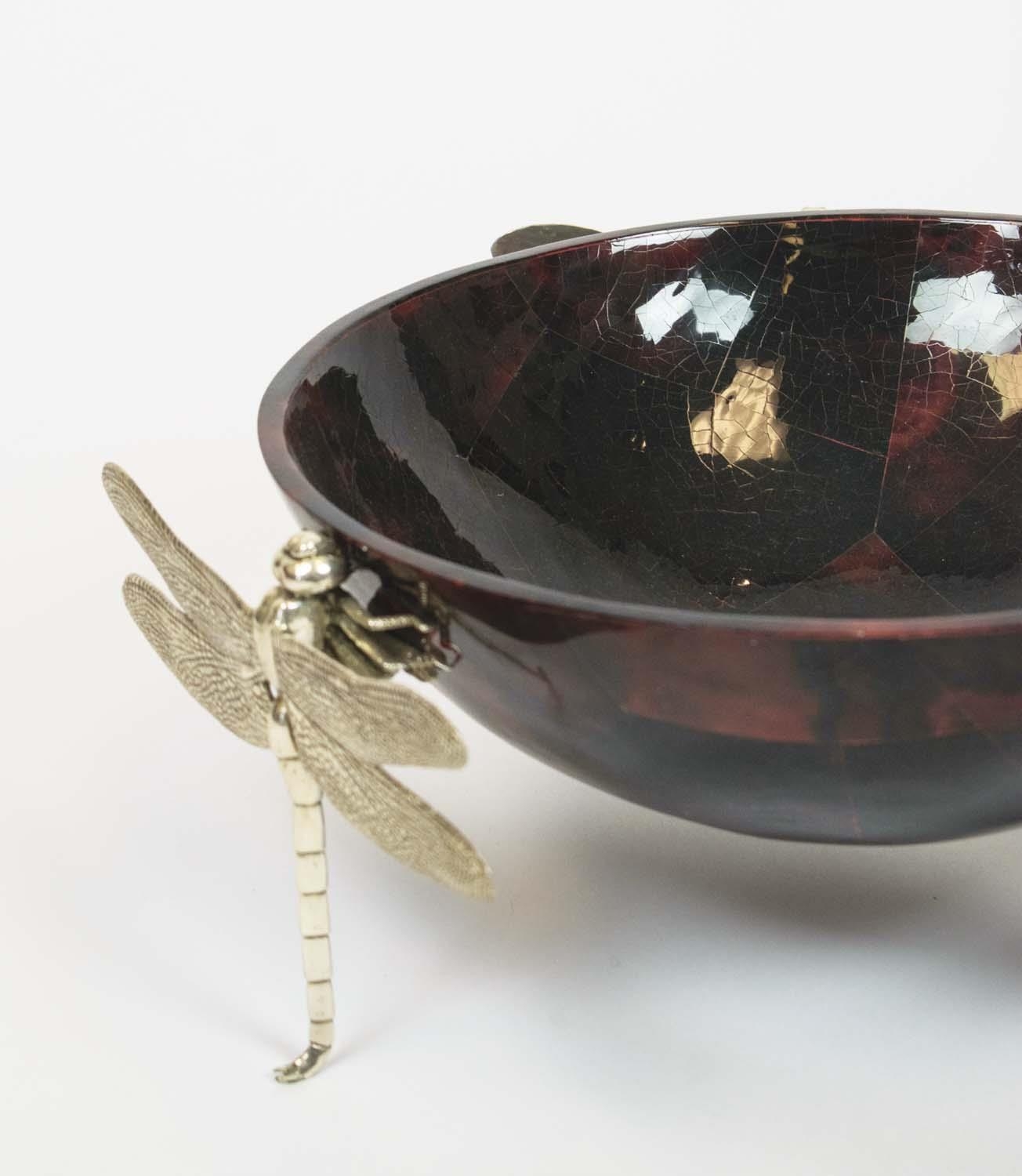 DRAGONFLY BOWL, red and black pen shell bowl with three metal dragonfly supports, 46cm diam x 17cm - Image 3 of 3