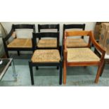 AFTER VIGO MAGISTRETTI CARIMATE STYLE CHAIRS, a set of four in an ebonised finish, and one in a