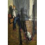 JOHN EYLES (1922-2002), 'interior with young man and dog', oil on canvas, 122cm x 76cm, signed and