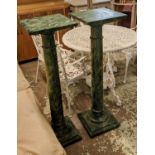 PEDESTALS, a pair, faux marble, malachite colour painted, each with a square top on a turned column,