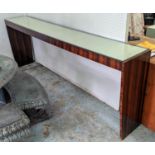 CONSOLE TABLE, 251cm W x 40cm D x 92cm H, contemporary faux macassar, vellum top, with glass cover.
