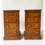 BEDSIDE CHESTS, a pair, Georgian style burr walnut and crossbanded each with four drawers and slide,