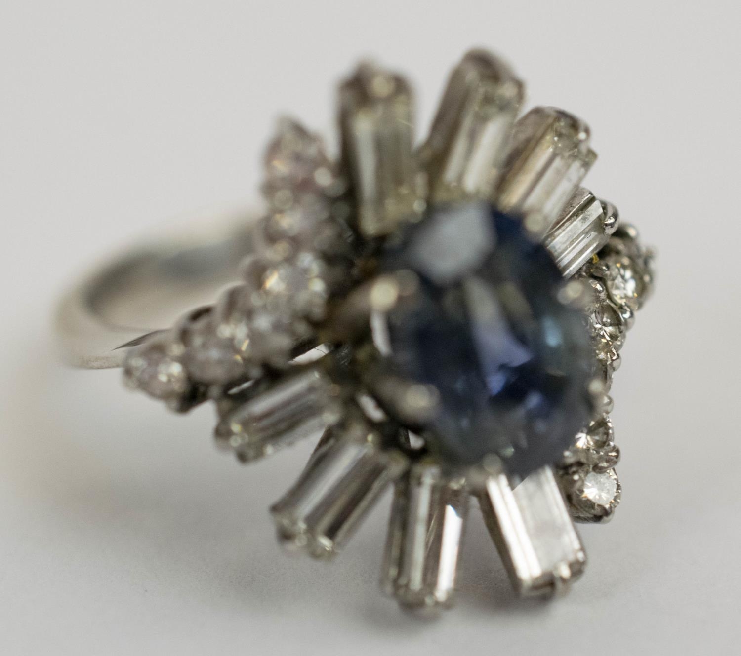 DRESS RING, 18ct white gold diamond and blue stone, the single oval cut blue stone possibly a - Image 6 of 8