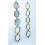 WALL MIRRORS, a pair, gilt metal framed, 144cm x 14cm.