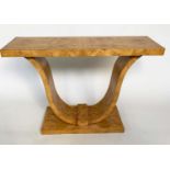 CONSOLE TABLE, Art Deco style birds eye maple, rectangular with arched and stepped support, 120cm