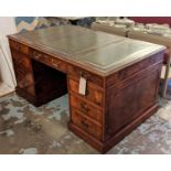 PEDESTAL DESK, burr walnut with a divided green leather and gilt tooled top above five drawers and