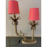 TABLE LAMP, monkey climbing the palm trees, two branch, with shades, 59cm x 32cm x 15cm.