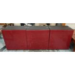 CABINETS, a set of three, 62cm x 40cm x 64cm each, contemporary, red lacquered fronts. (3)