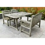 GARDEN DINING SET, weathered teak, table 160cm L x 100cm W x 76cm H, with matching bench and two