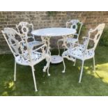 GARDEN TABLE AND CHAIRS, a set, painted cast aluminium with circular pierced table, 73cm H x 119cm