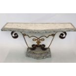 CONSOLE TABLE, travertine marble top, on gilded wrought iron support and stepped base, 140cm x