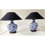 DRAGON-VASE TABLE LAMPS, a pair, Chinese blue and white ceramic with Timothy Oulton coolie shades,