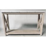 NEPTUNE CONSOLE TABLE, rectangular veined white marble on solid oak X frame support, 125cm x 38cm