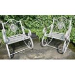 ARCHITECTURAL GARDEN ROCKING CHAIRS, a pair, Regency style grey painted finish, 88cm x 64cm x