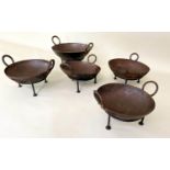 INDIAN KADAI FIRE BOWLS ON STANDS, a set of five, 46cm diam. at largest, of various sizes. (5)