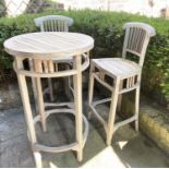 TERRACE GARDEN TABLE AND CHAIRS, weathered teak comprising a pair of stools with matching high