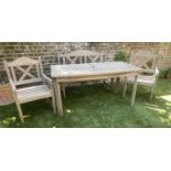 GARDEN SET, silvery weathered slatted teak comprising bench, 119cm W, and pair of armchairs with X