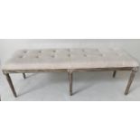 WINDOW SEAT, French Louis XVI style, six leg grey oak framed with buttoned neutral linen upholstery,