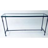 CONSOLE TABLE, bevelled glazed on wrought iron support, 160cm x 40cm x 83cm H.