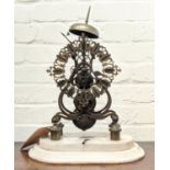 SKELETON CLOCK, 19th century French brass, on marble base, 40cm H x 30cm x 20cm.