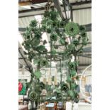 CEILING LANTERN, foliate and floral verdigris metal design, three branch light glazed, 90cm D