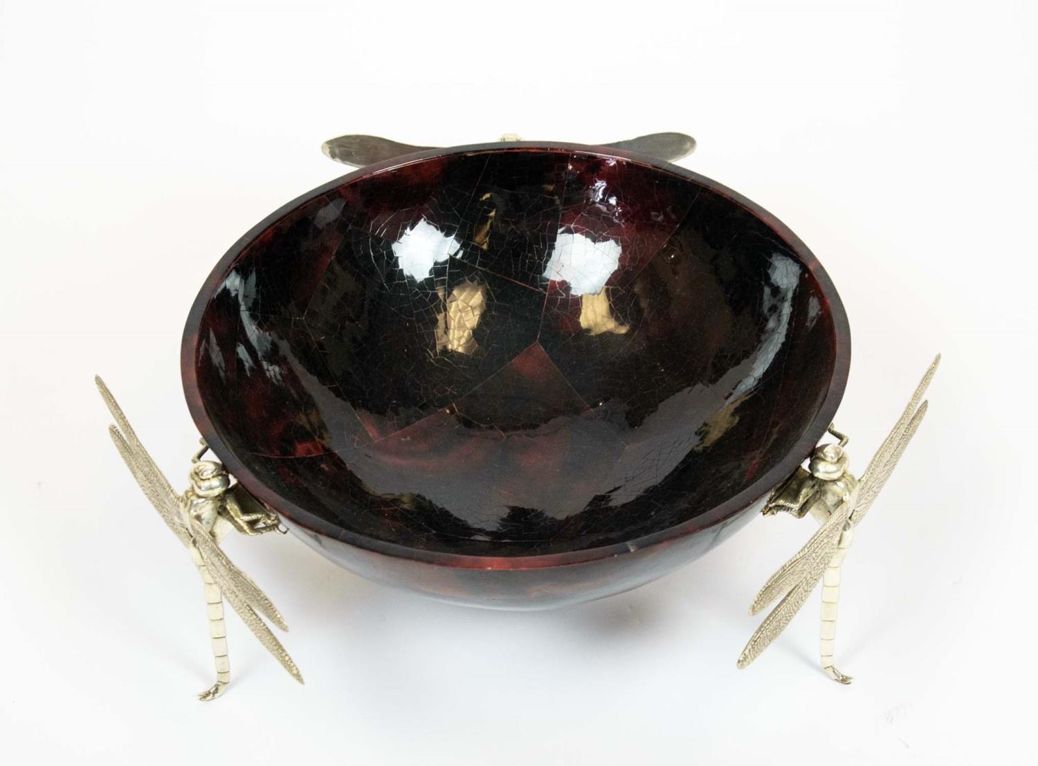 DRAGONFLY BOWL, red and black pen shell bowl with three metal dragonfly supports, 46cm diam x 17cm - Image 2 of 3