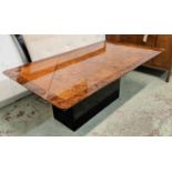 DINING TABLE, 197cm x 108cm x 73cm, burr elm and burr walnut top, with mahogany and satin wood