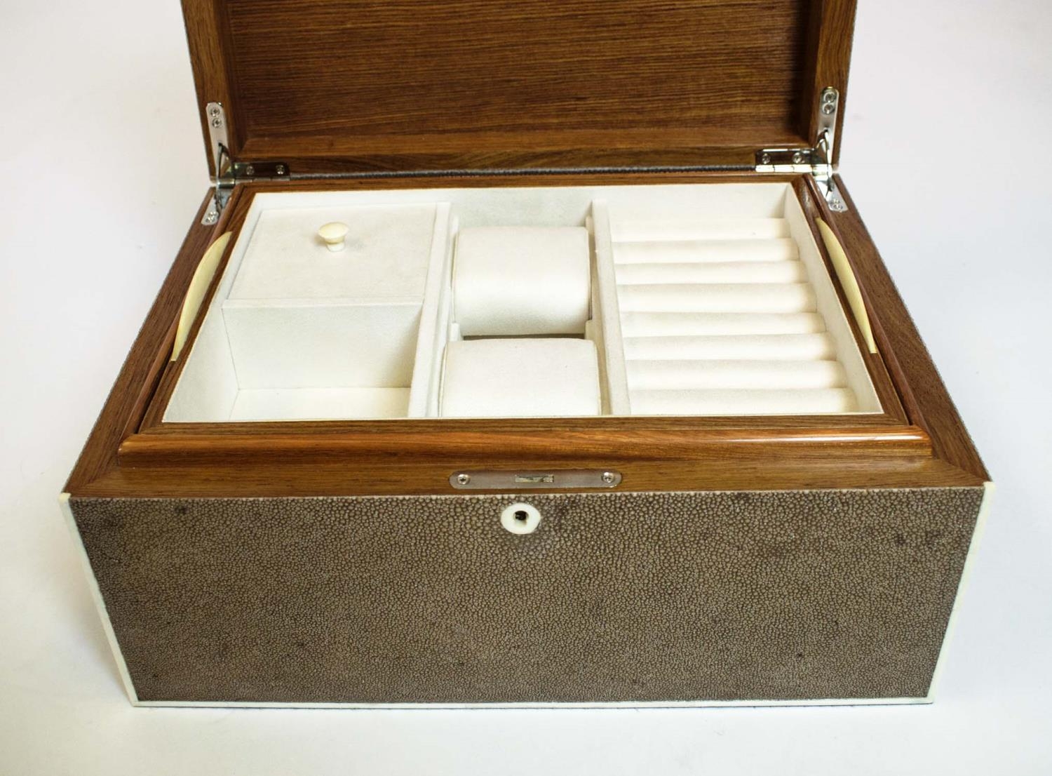 JEWELLERY BOX, Art Deco style, shagreen with bone trim, having fitted removable jewellery tray, 35cm - Image 5 of 12