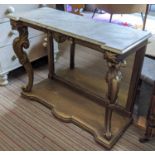 CONSOLE TABLE, Victorian gilt painted with a marble top, leaf decoration and a mirrored plate to the