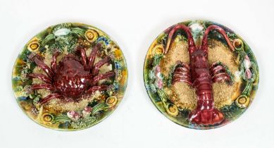 MAJOLICA 'Palissy' style 'crab' and 'lobster' plates, possibly Jose Francisco de Sousa 25.5cm.